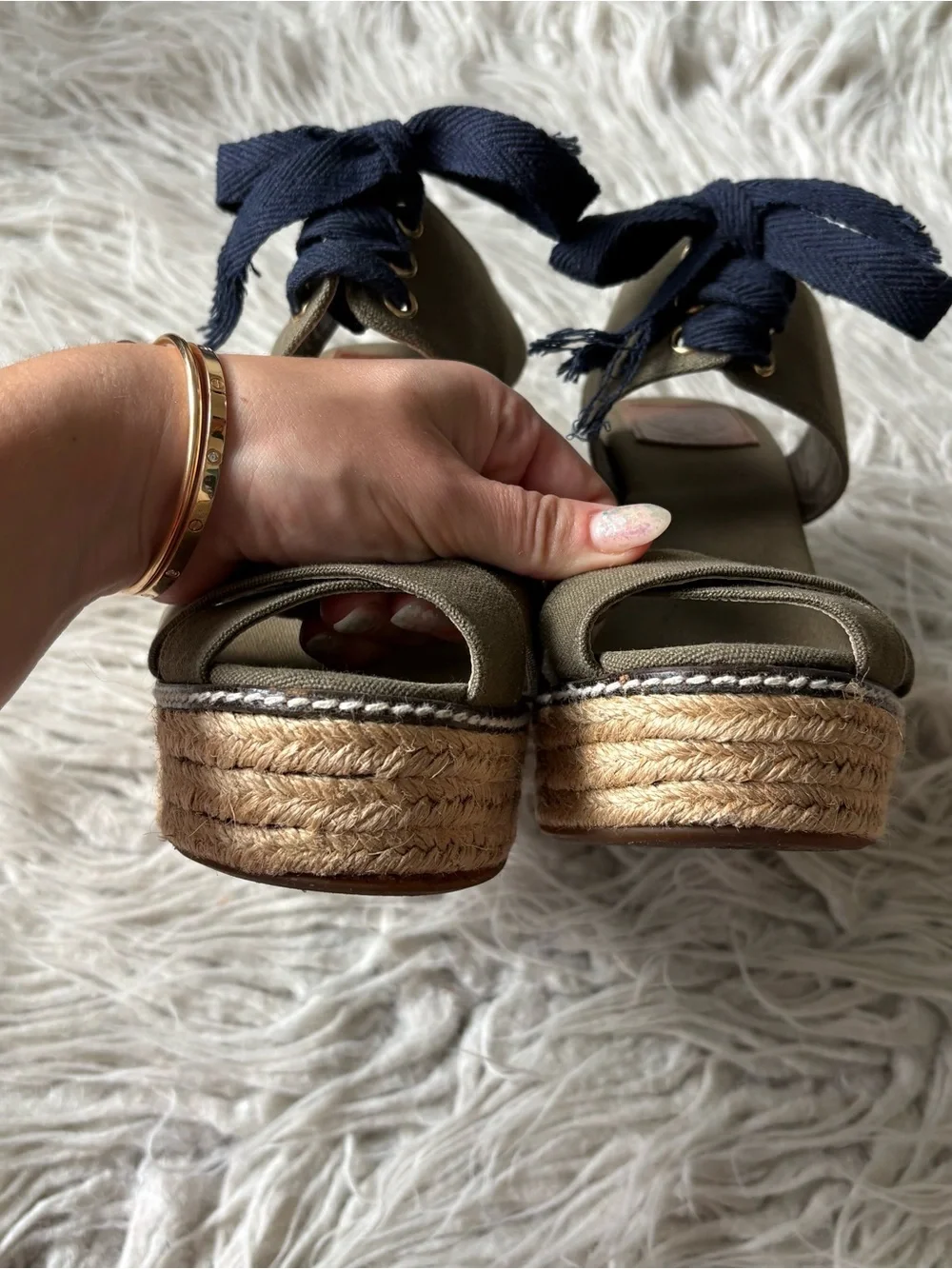 Tory Burch Gabe Lace Up Canvas Olive Green Platform Sandal Espadrilles Size 38